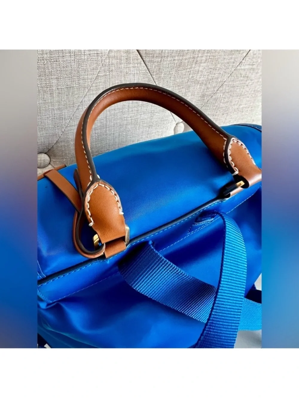 Tory Burch Perry Blue Nylon Backpack Leather Trim Gold Hardware NWOT